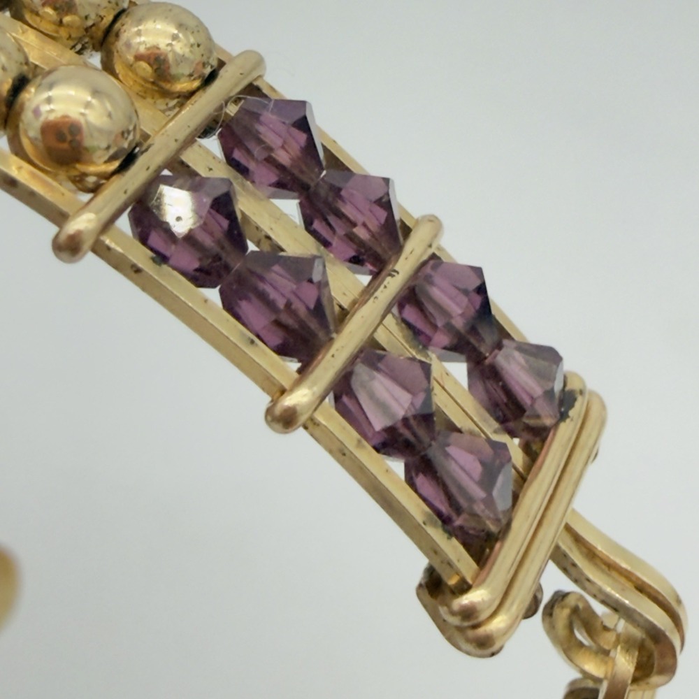 Vintage Rolled Gold Wire Wrapped Bracelet Purple Crystal Faux Pearl Beaded Read